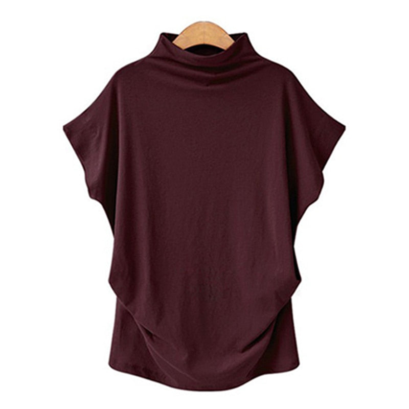 Jocoo Jolee Women Casual Turtleneck Short Batwing Sleeve Blouse Female Cotton Solid Oversized Tops Ladies Shirt 2020 Clothing DailyAlertDeals Wine Red S