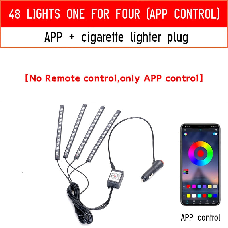 Rgb Led Lights for Cars Ambient Lighting Car Interior Neon Light With Music Voice Control App Inside Car Lights RGB LED Light with control DailyAlertDeals 48LED cigar APP