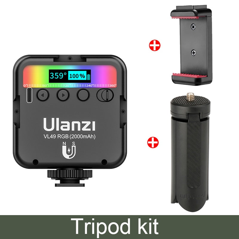 Ulanzi VL49 RGB Full Color LED Video Light 2500K-9000K 800LUX Magnetic Mini Fill Light Extend 3 Cold Shoe 2000mAh Type-c Port RGB Full Color LED Video Light DailyAlertDeals China Tripod Kit