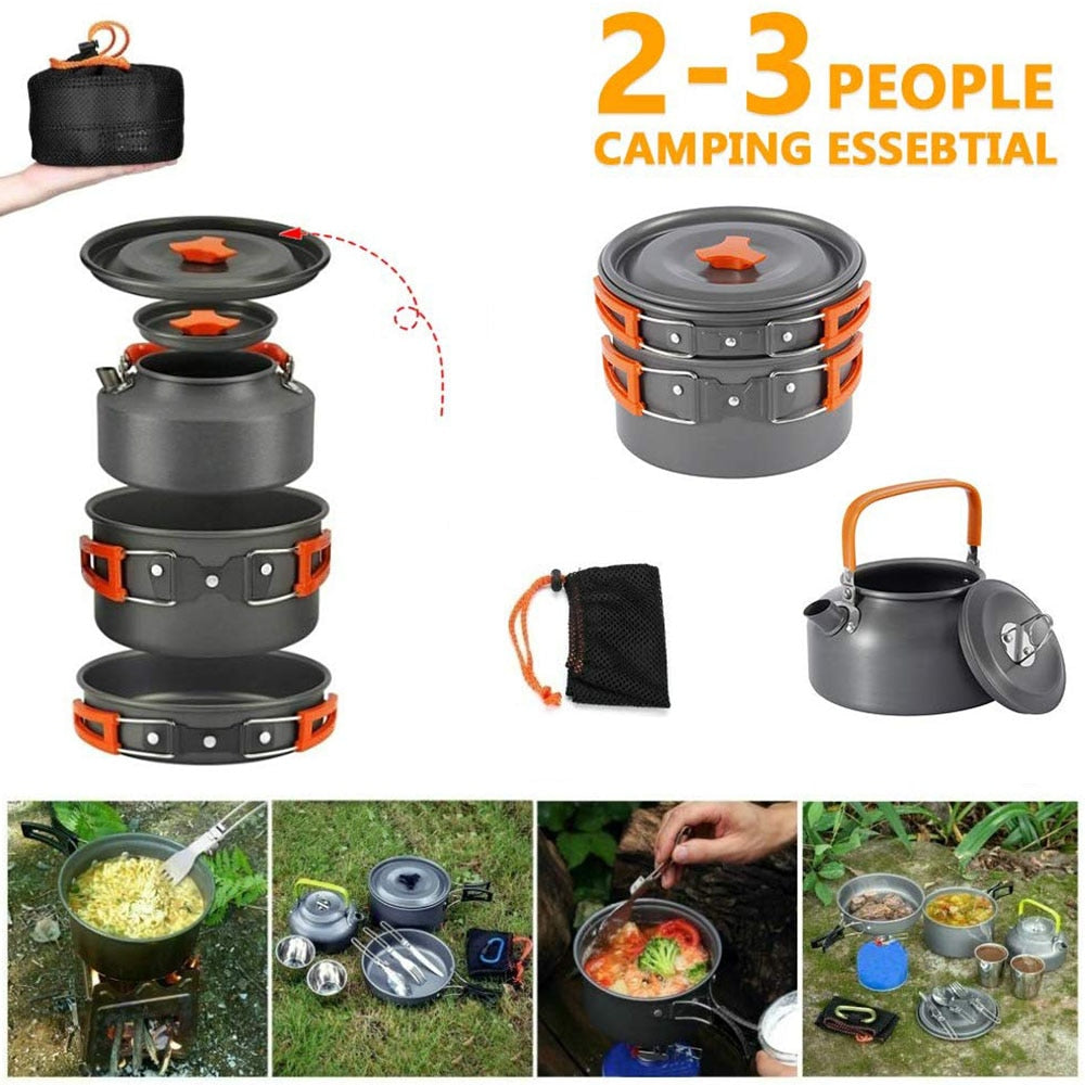 Camping Cookware Kit Outdoor Aluminum Cooking Set Water Kettle Pan Pot Travelling Hiking Picnic BBQ Tableware Equipment Camping Cookware Kit Outdoor Aluminum Cooking Set DailyAlertDeals