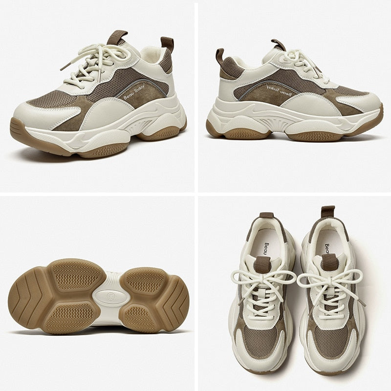 BeauToday Chunky Sneakers Women Mesh Leather Platform Shoes Mixed Colors Lace-Up Lady Trendy Trainers Thick Sole Handmade 29401 0 DailyAlertDeals