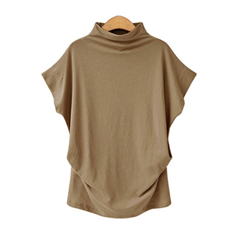 Jocoo Jolee Women Casual Turtleneck Short Batwing Sleeve Blouse Female Cotton Solid Oversized Tops Ladies Shirt 2020 Clothing DailyAlertDeals Camel S