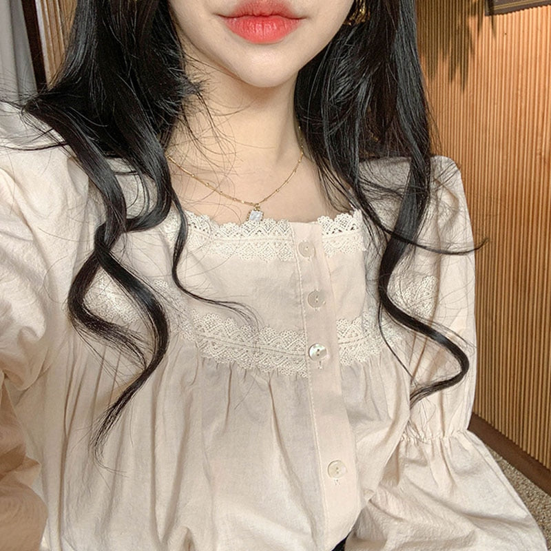 Beige Lace Blouse Vintage Square Collar Women Long Puff Sleeve Shirt Solid Cardigan Sweet Shirt Blusas Clothes Women Tops 11200 0 DailyAlertDeals