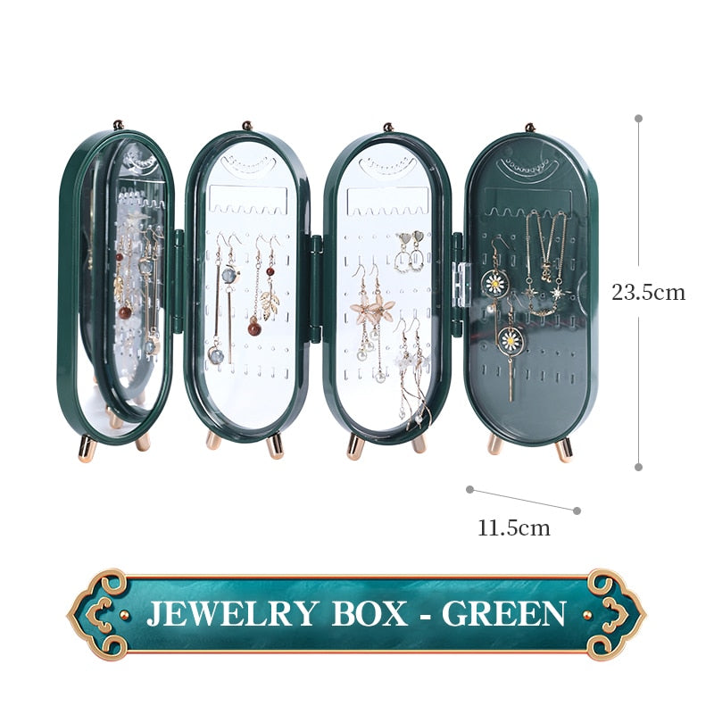 Foldable Jewelry Storage Box Household Earrings Necklace Display Stand High Capacity Luxury Retro Screen Jewelry Organizer Case 0 DailyAlertDeals green China