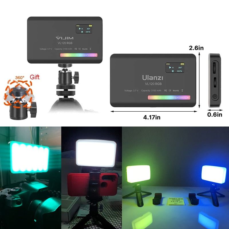 Ulanzi VL120 RGB LED Video Light Camera Light Full Color Rechargeable 3100mAh Dimmable 2500-9000K Panel Light Photo Studio Lamp Camera RGB light for Studio DailyAlertDeals