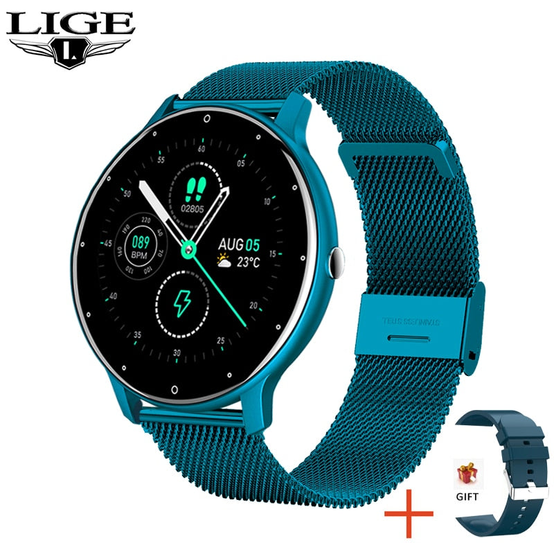 Smart watch Ladies Full touch Screen Sports Fitness watch IP67 waterproof Bluetooth For Android iOS Smart watch Female ultra thin smart watch DailyAlertDeals Mesh belt blue China