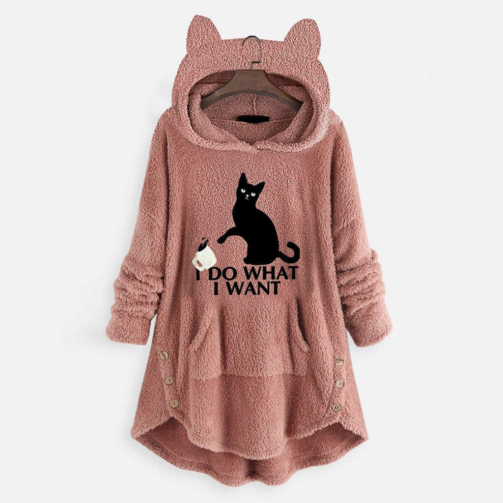 Cozy Cartoon Cat Ears Fleece Winter Pajamas Hoodies for Women Hooded Sweatshirts Long Sleeve Lady Pullovers Tops 0 DailyAlertDeals Pink M