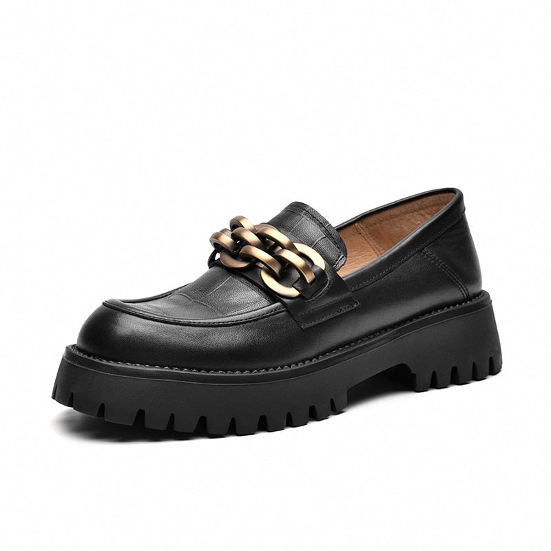BeauToday Chunky Loafers Women Genuine Cow Leather Platform Shoes Round Toe Metal Chain Slip on Ladies Flats Handmade 27748 0 DailyAlertDeals Black 5