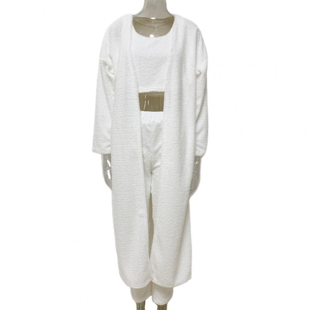 3Pcs/Set Lounge Wear Women Tracksuit Autumn Winter Outfit Cardigan Velvet Crop Top Long Sleeve Coat High Waist Pants Women Set 0 DailyAlertDeals White S