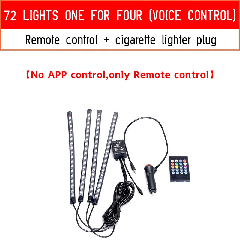 Rgb Led Lights for Cars Ambient Lighting Car Interior Neon Light With Music Voice Control App Inside Car Lights RGB LED Light with control DailyAlertDeals 72LED cigar remote