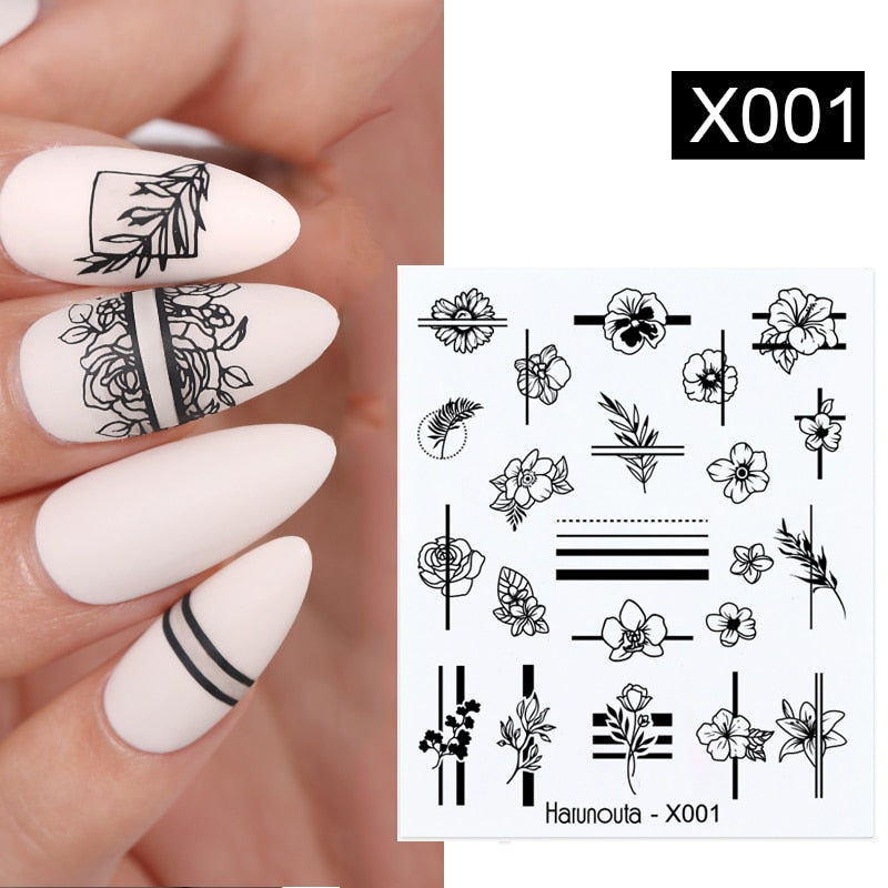 Harunouta Black Lines Flower Leaf Water Decals Stickers Spring Simple Green Theme Face Marble Pattern Slider For Nails Art Decor Nail Stickers DailyAlertDeals X001