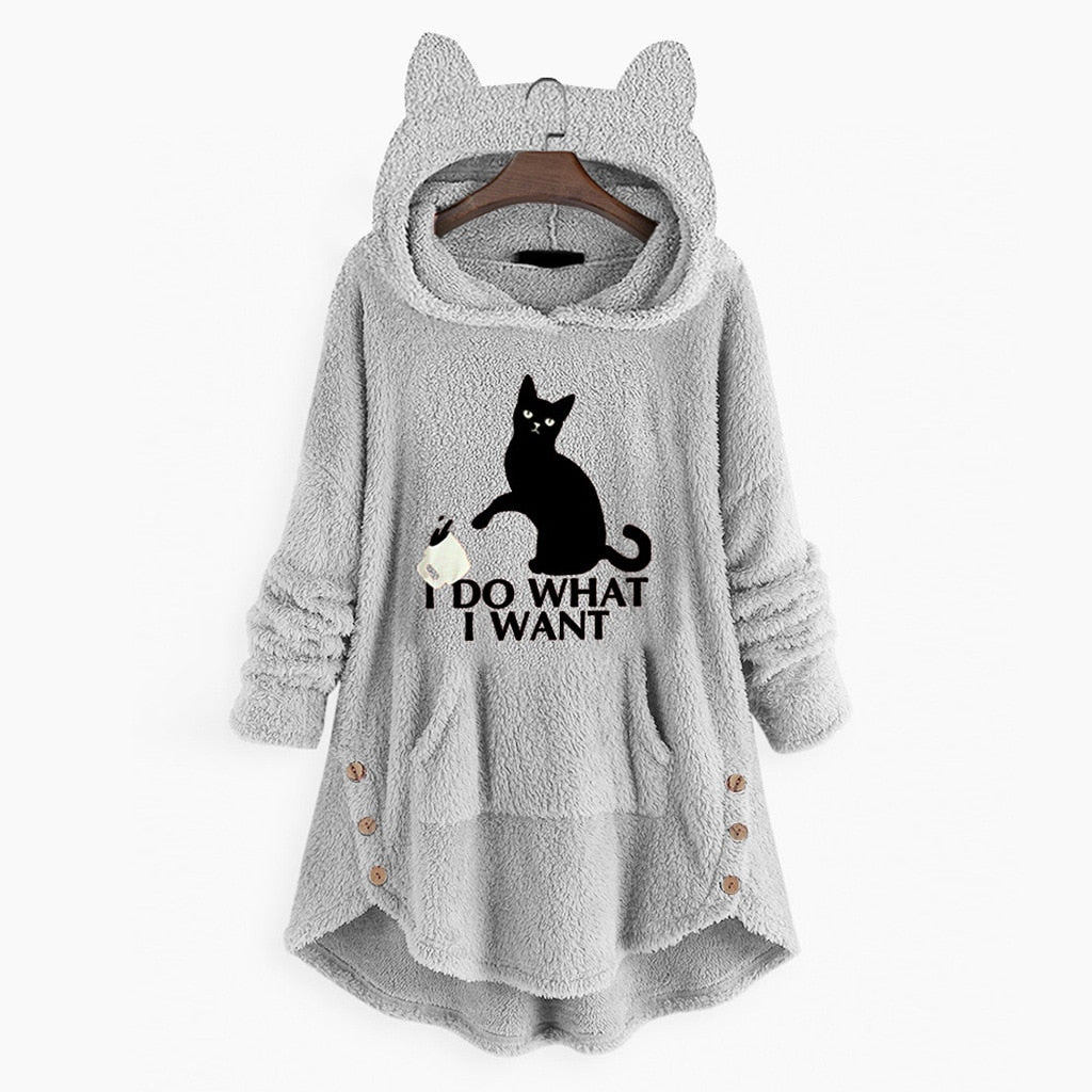 Cozy Cartoon Cat Ears Fleece Winter Pajamas Hoodies for Women Hooded Sweatshirts Long Sleeve Lady Pullovers Tops 0 DailyAlertDeals Gray M