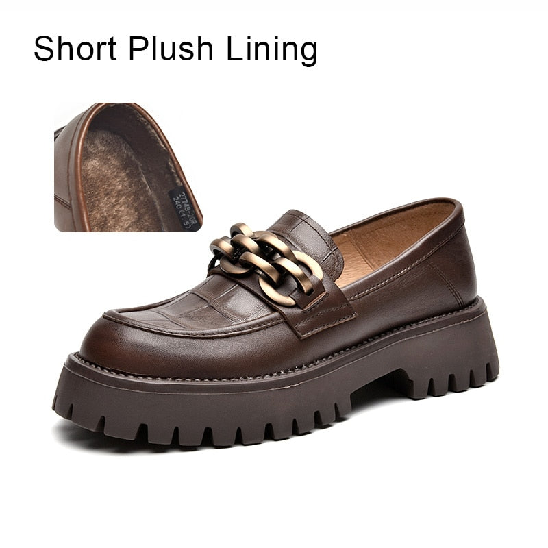 BeauToday Chunky Loafers Women Genuine Cow Leather Platform Shoes Round Toe Metal Chain Slip on Ladies Flats Handmade 27748 0 DailyAlertDeals Coffee Short Plush 5