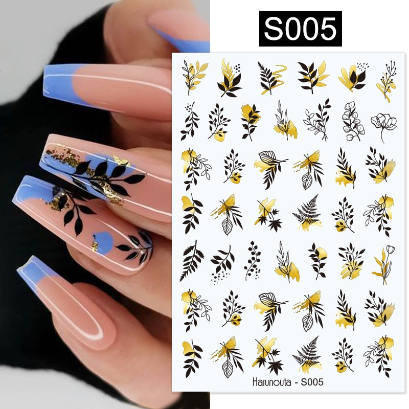 Harunouta Gold Flower Leaves Water Decals Slider Lines Geometrics Spring Summer Nail Art Transfer 3D Stickers DIY Watermarks 0 DailyAlertDeals S005