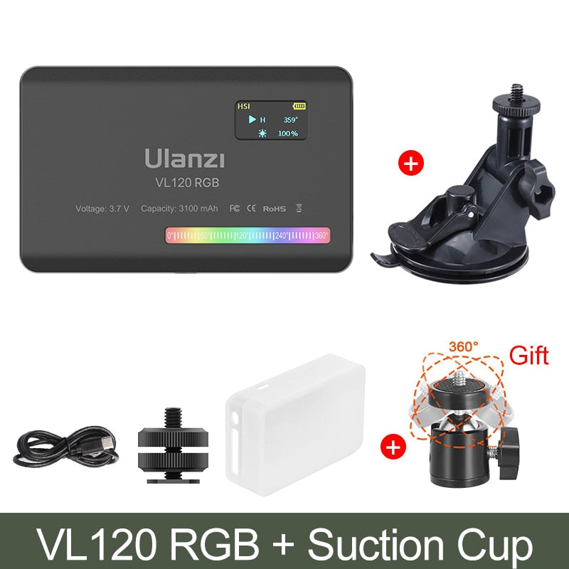 Ulanzi VL120 RGB LED Video Light Camera Light Full Color Rechargeable 3100mAh Dimmable 2500-9000K Panel Light Photo Studio Lamp Camera RGB light for Studio DailyAlertDeals USA Suction Cup kit