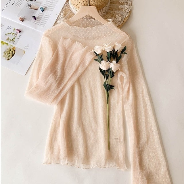 JuneLove New Transparent Korean Fashion Loose Women Blouse 22 Colors Can Choose Female Bottoming Blouses Plus Size Cheaper Tops 0 DailyAlertDeals 343JAPRICOT 40-65KG