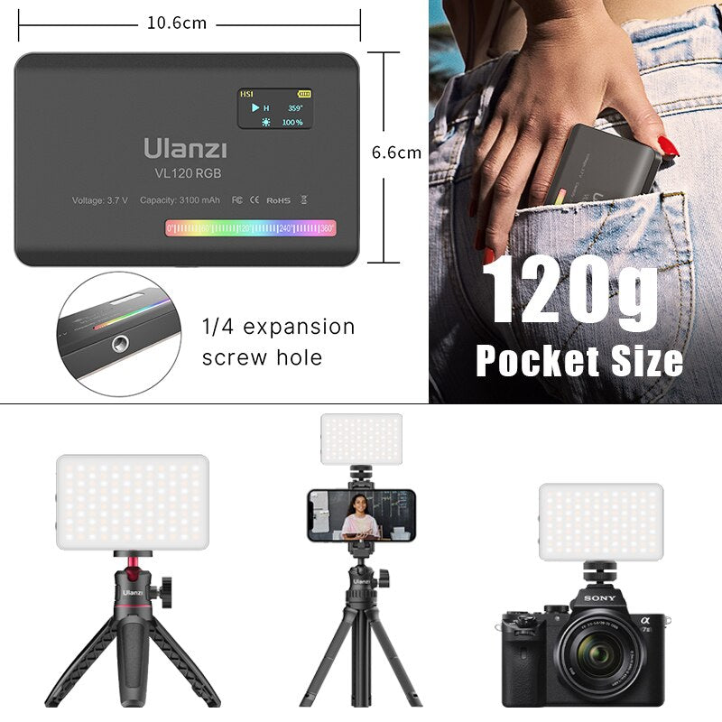 VL120 RGB on Camera LED Video Lights with Diffuser 2500-9000K CRI 95+ 3100mAh LED Video Light Panel for Camera Phone Photography Lights Video camera lights DailyAlertDeals