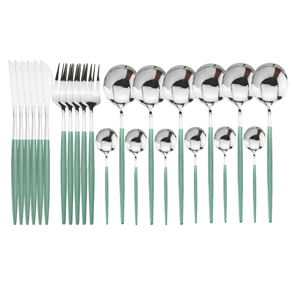 24pcs Black Western Dinnerware Set Stainless Steel Cutlery Set Fork Knife Spoon Tableware Set Flatware Set Silverware Set DailyAlertDeals China 24pcs Mnit Silver