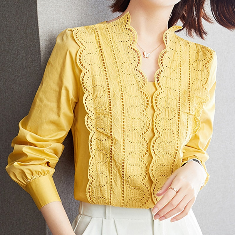Lace Chic Blouse Woman Elegant Hedging Casual Shirt Woman Autumn Long-sleeved Solid V-neck Shirt Lady Blusas Mujer De Moda 16373 0 DailyAlertDeals