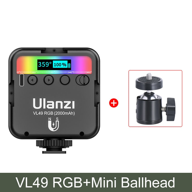 Ulanzi VL49 RGB Full Color LED Video Light 2500K-9000K 800LUX Magnetic Mini Fill Light Extend 3 Cold Shoe 2000mAh Type-c Port RGB Full Color LED Video Light DailyAlertDeals China With Mini Ballhead