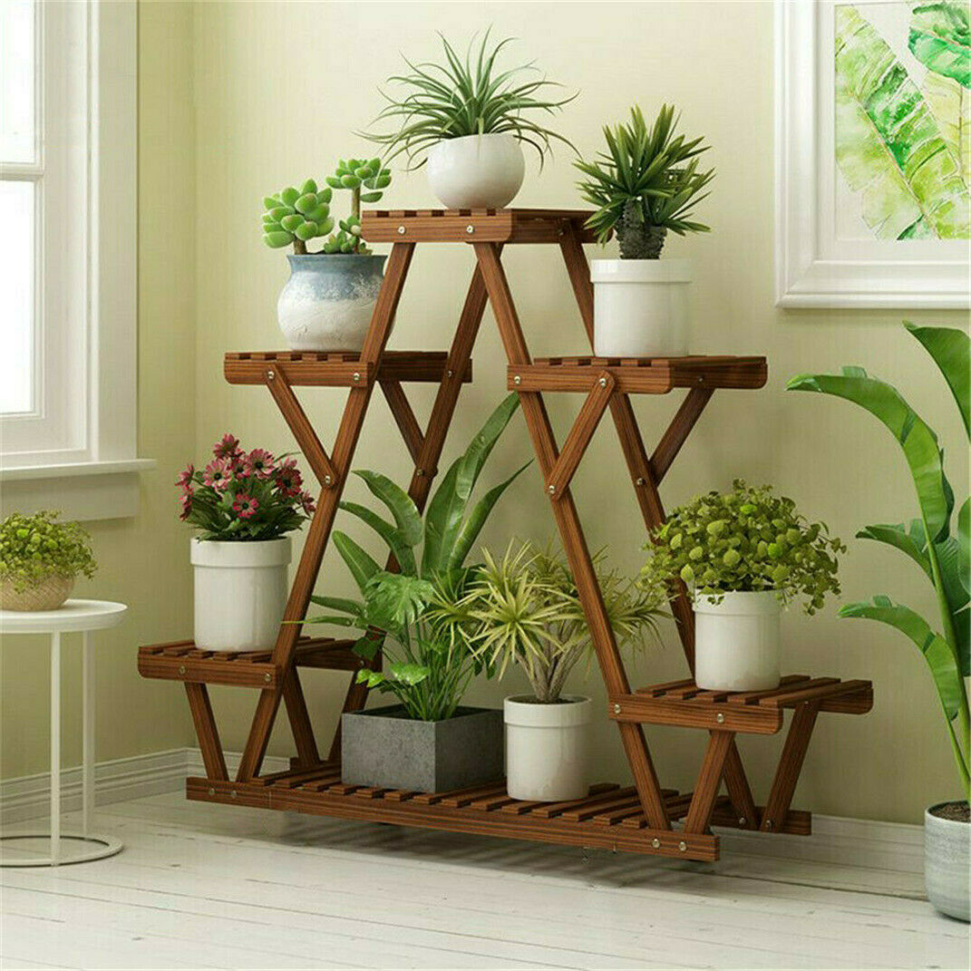 6 Tiered Wood Plant organizer Stand  Indoor Outdoor Carbonized Triangle Corner Plant Rack Wood Plant organizer Stand DailyAlertDeals