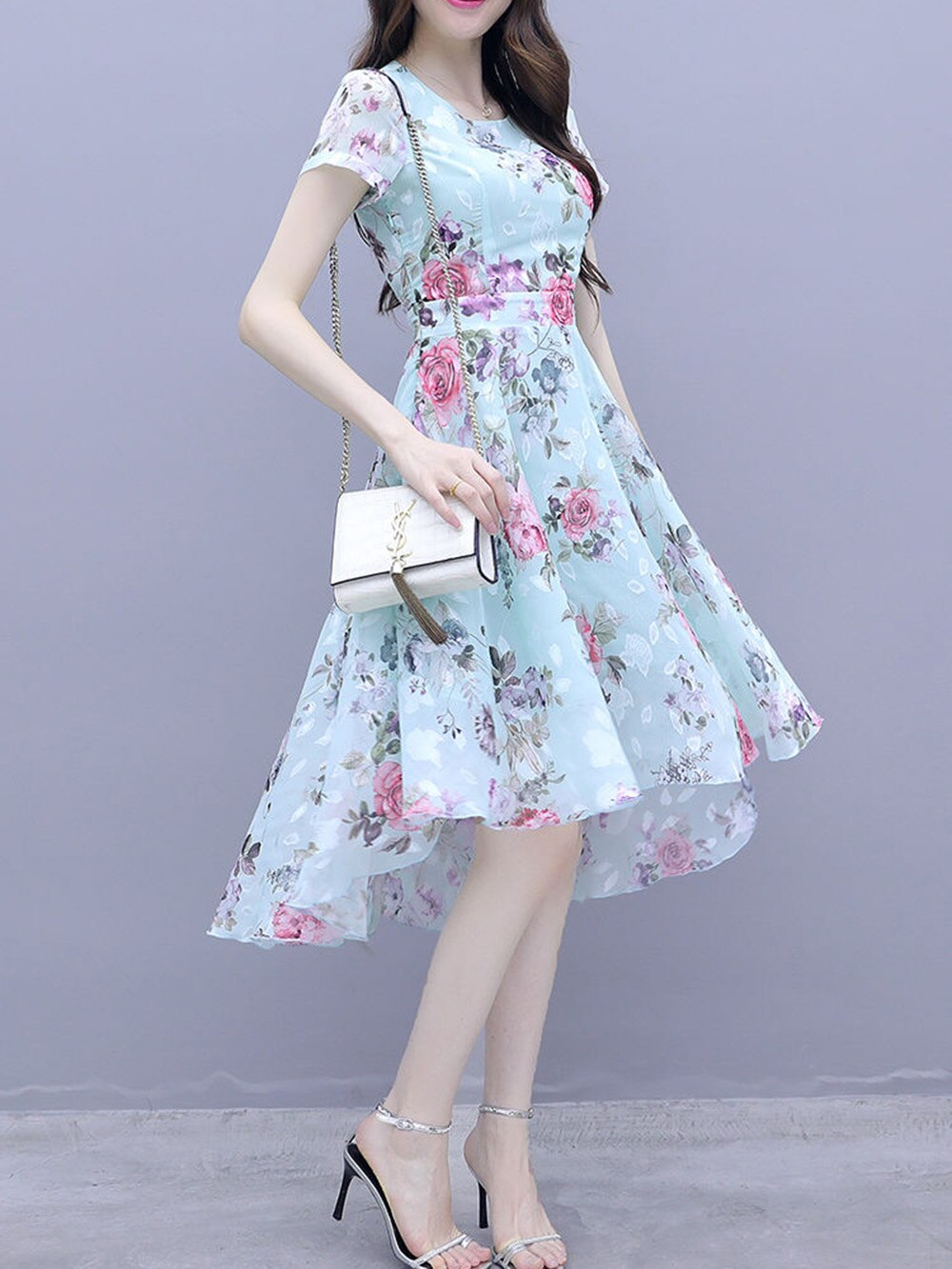 2022 New fashion women's French dress female temperament Round neck long-sleeved chiffon floral dresses 0 DailyAlertDeals 2 S China