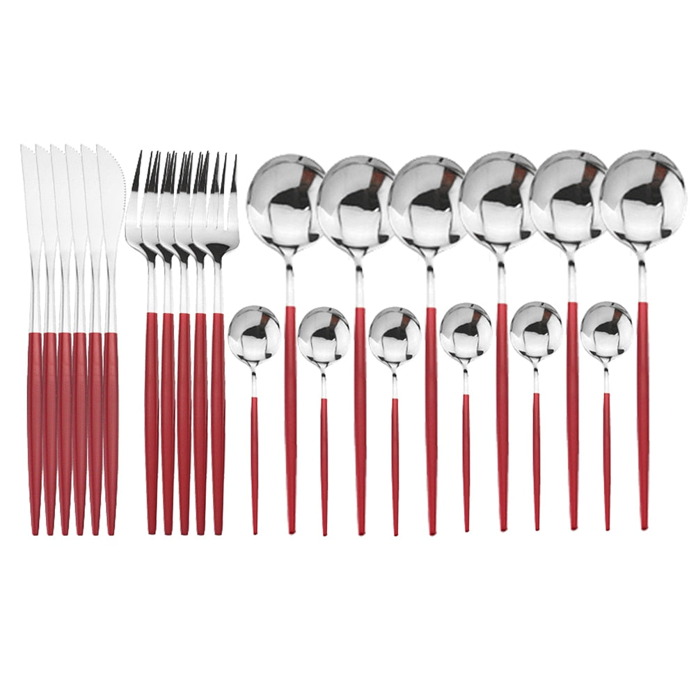 24pcs Black Western Dinnerware Set Stainless Steel Cutlery Set Fork Knife Spoon Tableware Set Flatware Set Silverware Set DailyAlertDeals China 24pcs Red Silver