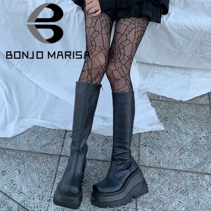 BONJOMARISA ladies fashion platform boots chunky heel wedges mid calf women boots casual brand thick bottom winter shoes woman 0 DailyAlertDeals