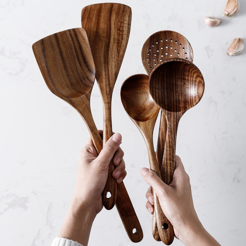7pcs/set Teak Natural Wood Tableware Spoon Ladle Turner Rice Colander Soup Skimmer Cooking Spoon Scoop Kitchen Reusable Tool Kit 0 DailyAlertDeals