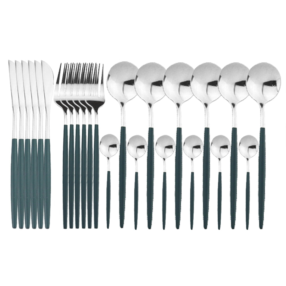 24pcs Black Western Dinnerware Set Stainless Steel Cutlery Set Fork Knife Spoon Tableware Set Flatware Set Silverware Set DailyAlertDeals China 24pcs Green Silver