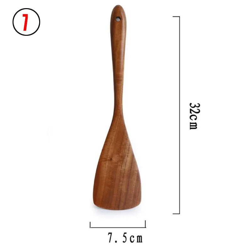7pcs/set Teak Natural Wood Tableware Spoon Ladle Turner Rice Colander Soup Skimmer Cooking Spoon Scoop Kitchen Reusable Tool Kit 0 DailyAlertDeals 7