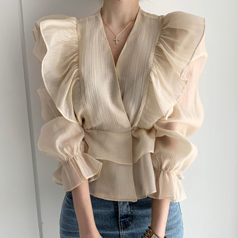 Fashion Vintage Chiffon Blouse Women 2021 New Puff Sleeve Ruffles V-neck Shirt Women Silm Casual Womens Blouses Tops Mujer 10334 0 DailyAlertDeals