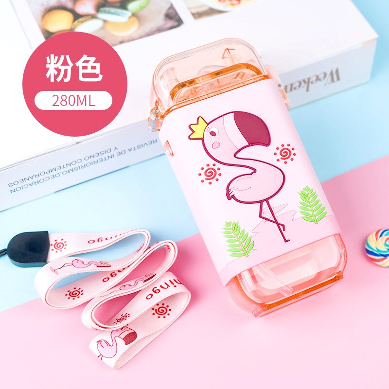 Cartoon Children Water Bottle 280ml with Rope Portable Square Kettle Sealed Leak-Proof BPA Free Tritan Baby Milk Cup With Straw Cartoon Children Water Bottle DailyAlertDeals China 280-420ml Pink Flamingo 280ml