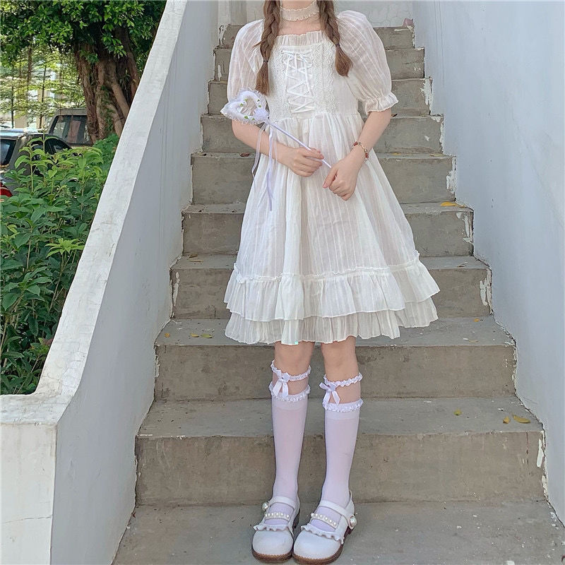 Summer White Kawaii Lolita Dress Women Summer Japanese High Waist Elegant Sweet Dress Bow Chic Party Holiday Casual Dress 2021 0 DailyAlertDeals