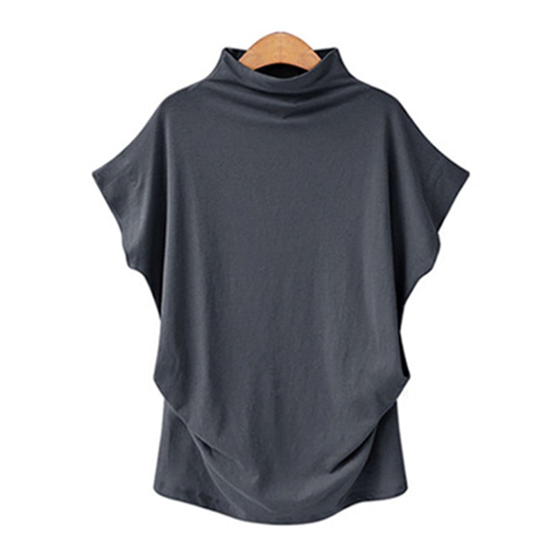 Jocoo Jolee Women Casual Turtleneck Short Batwing Sleeve Blouse Female Cotton Solid Oversized Tops Ladies Shirt 2020 Clothing DailyAlertDeals Dark Grey S