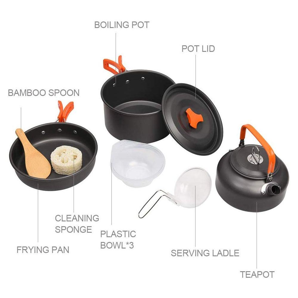 Camping Cookware Kit Outdoor Aluminum Cooking Set Water Kettle Pan Pot Travelling Hiking Picnic BBQ Tableware Equipment Camping Cookware Kit Outdoor Aluminum Cooking Set DailyAlertDeals