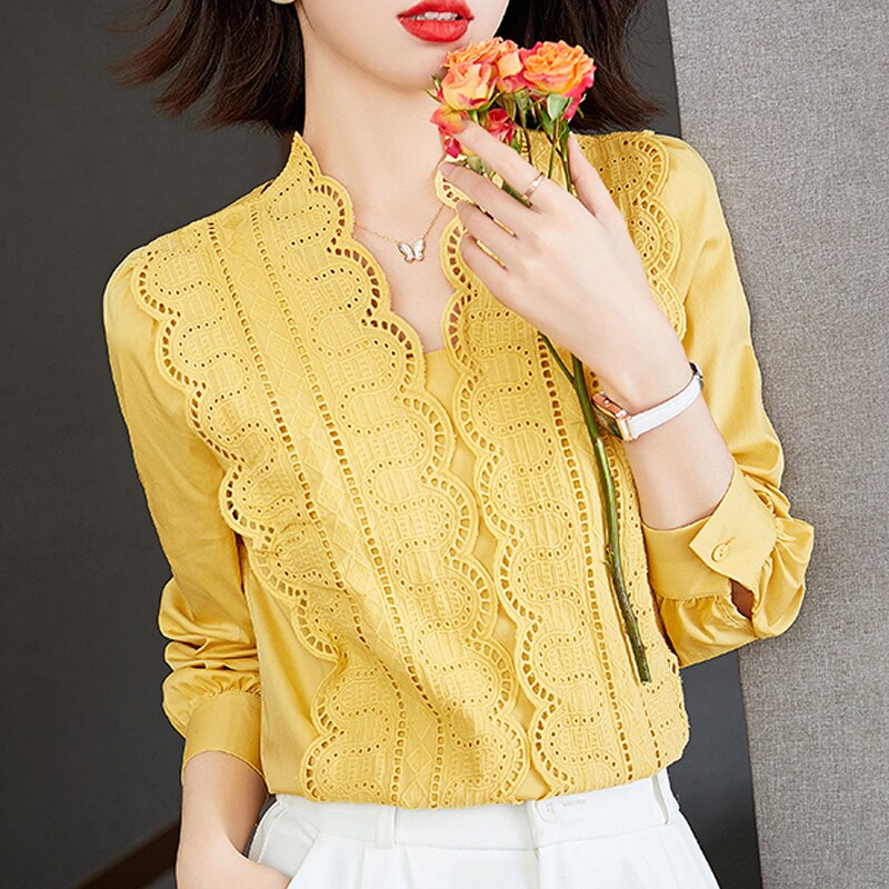 Lace Chic Blouse Woman Elegant Hedging Casual Shirt Woman Autumn Long-sleeved Solid V-neck Shirt Lady Blusas Mujer De Moda 16373 0 DailyAlertDeals