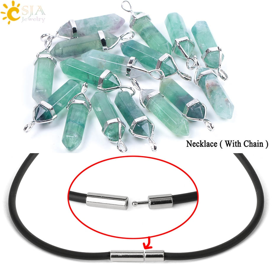 CSJA Fluorite Necklaces Crystal Pendants Suspension Natural Gem Stone Quartz Bullet Hexagonal Pendulum Reiki Chakra pendulo E546 0 DailyAlertDeals Green-PUChain