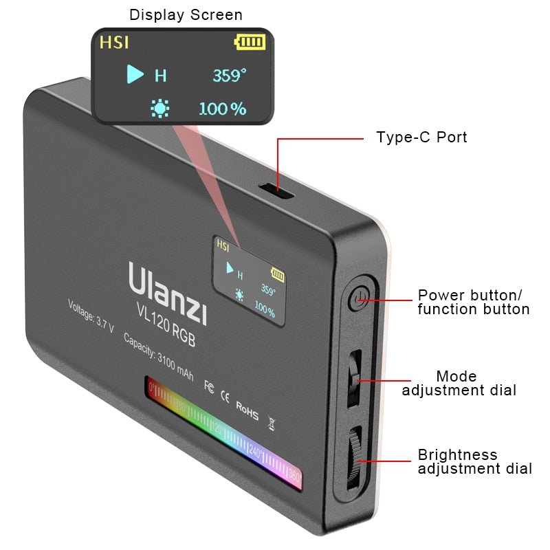 Ulanzi VL120 RGB LED Video Light Camera Light Full Color Rechargeable 3100mAh Dimmable 2500-9000K Panel Light Photo Studio Lamp Camera RGB light for Studio DailyAlertDeals