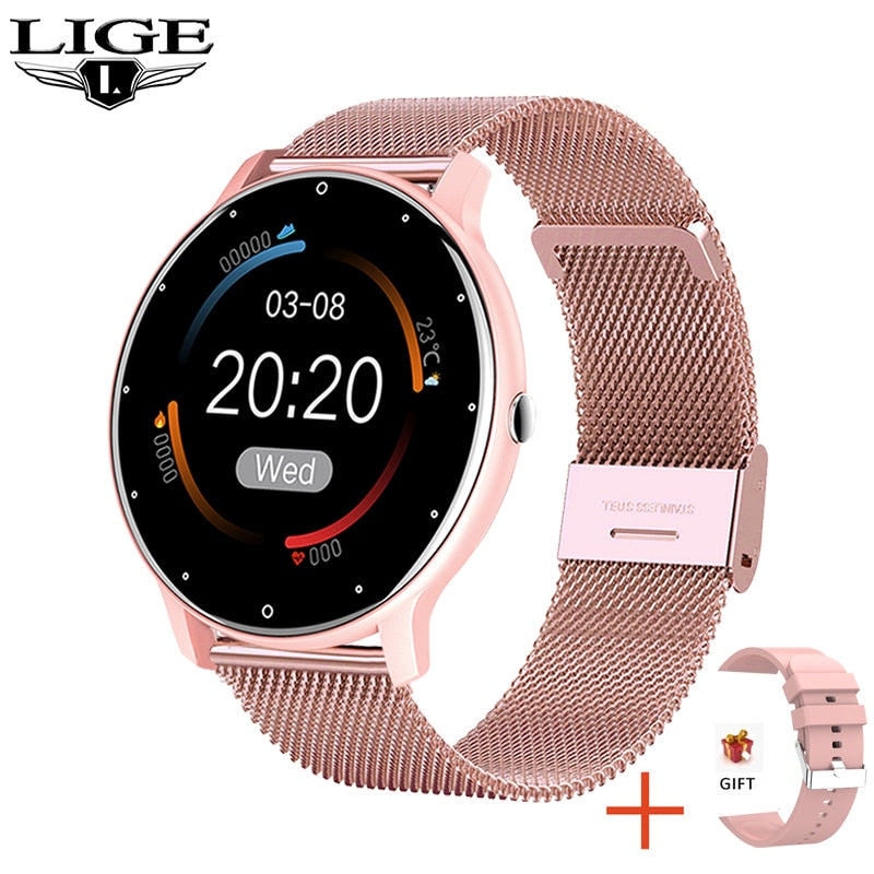 Smart watch Ladies Full touch Screen Sports Fitness watch IP67 waterproof Bluetooth For Android iOS Smart watch Female ultra thin smart watch DailyAlertDeals Mesh belt pink China