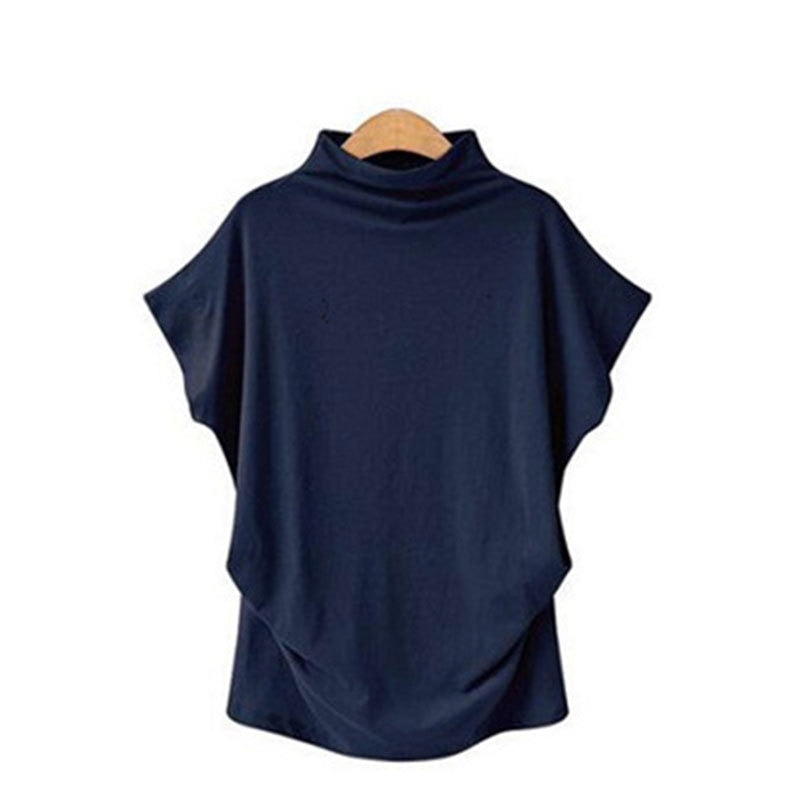 Jocoo Jolee Women Casual Turtleneck Short Batwing Sleeve Blouse Female Cotton Solid Oversized Tops Ladies Shirt 2020 Clothing DailyAlertDeals Navy Blue S