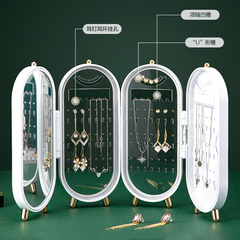 Foldable Jewelry Storage Box Household Earrings Necklace Display Stand High Capacity Luxury Retro Screen Jewelry Organizer Case 0 DailyAlertDeals