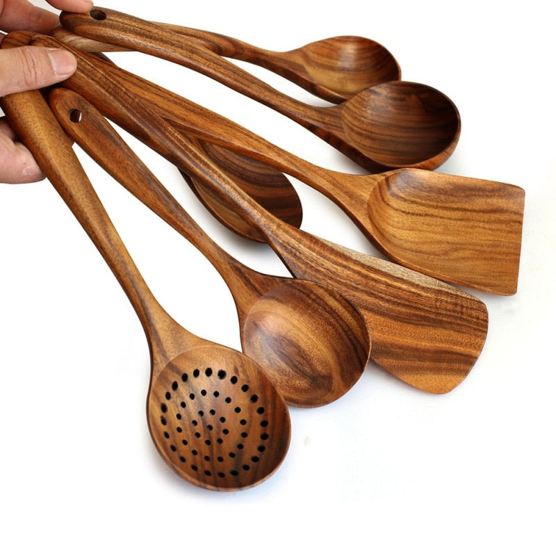 7pcs/set Teak Natural Wood Tableware Spoon Ladle Turner Rice Colander Soup Skimmer Cooking Spoon Scoop Kitchen Reusable Tool Kit 0 DailyAlertDeals