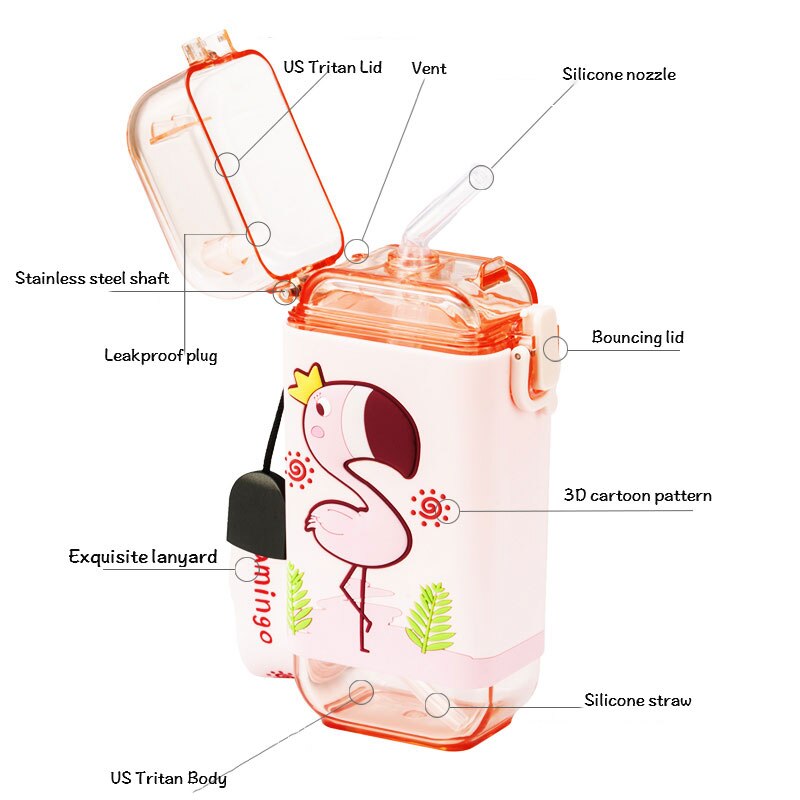 Cartoon Children Water Bottle 280ml with Rope Portable Square Kettle Sealed Leak-Proof BPA Free Tritan Baby Milk Cup With Straw Cartoon Children Water Bottle DailyAlertDeals