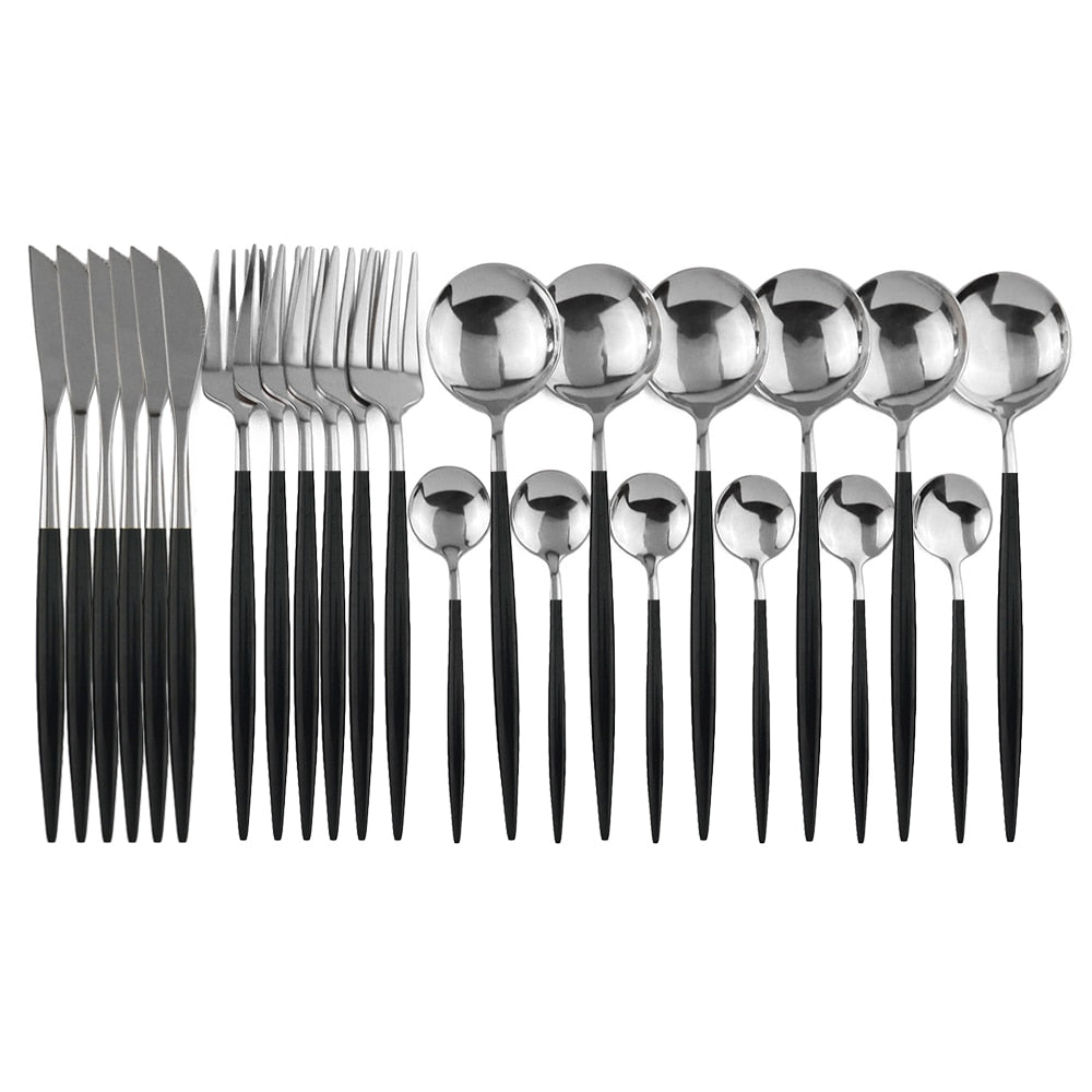 24pcs Black Western Dinnerware Set Stainless Steel Cutlery Set Fork Knife Spoon Tableware Set Flatware Set Silverware Set DailyAlertDeals China 24pcs Black Silver