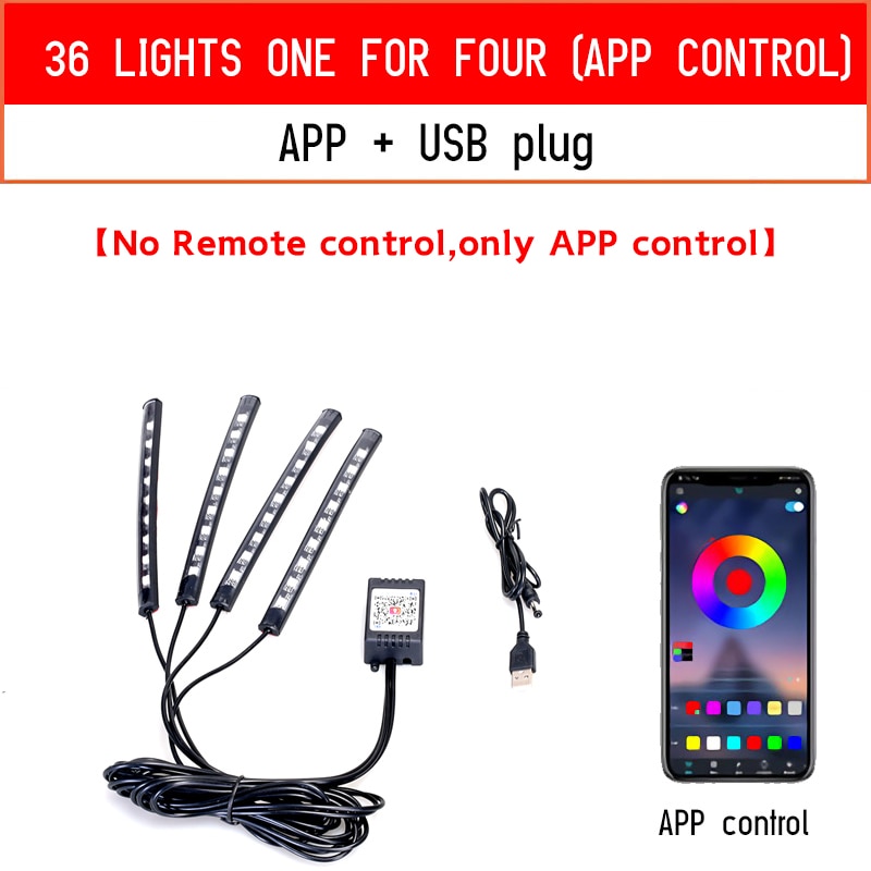 Rgb Led Lights for Cars Ambient Lighting Car Interior Neon Light With Music Voice Control App Inside Car Lights RGB LED Light with control DailyAlertDeals 36LED USB APP