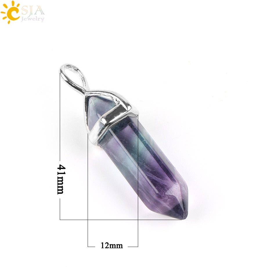 CSJA Fluorite Necklaces Crystal Pendants Suspension Natural Gem Stone Quartz Bullet Hexagonal Pendulum Reiki Chakra pendulo E546 0 DailyAlertDeals
