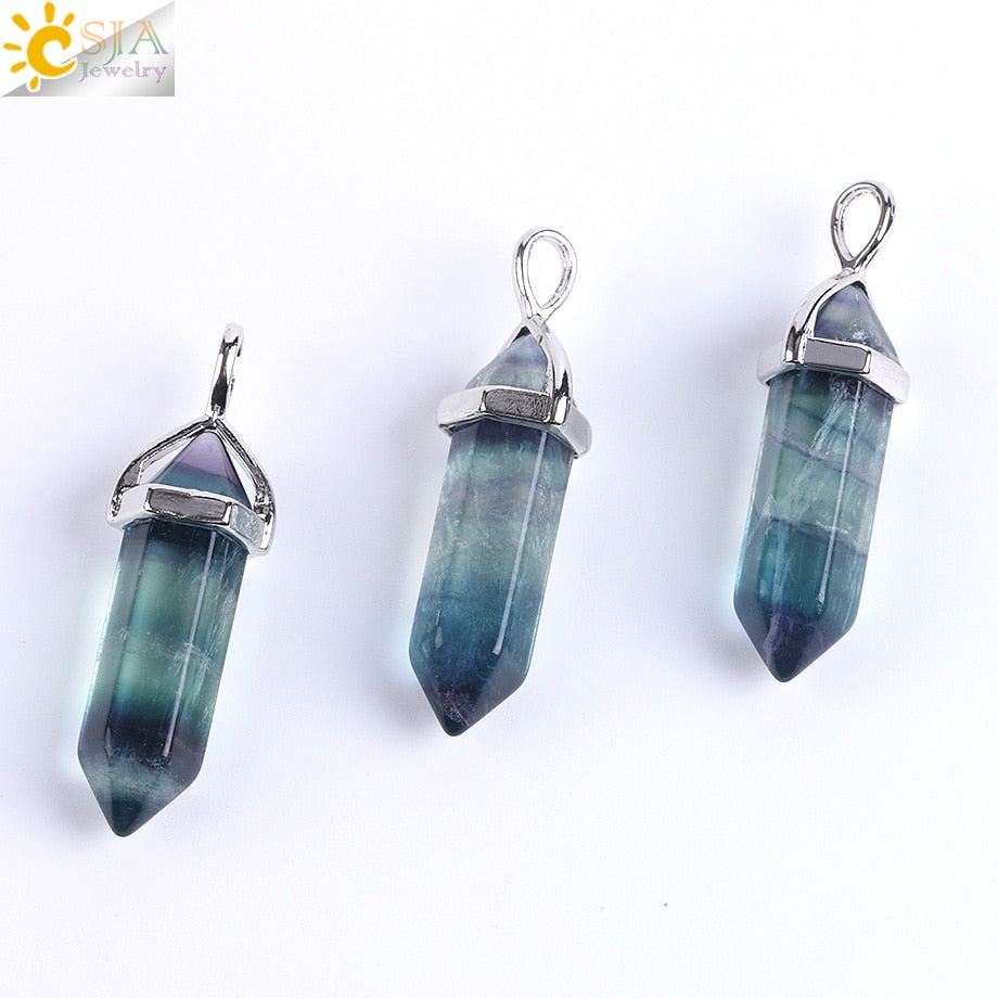 CSJA Fluorite Necklaces Crystal Pendants Suspension Natural Gem Stone Quartz Bullet Hexagonal Pendulum Reiki Chakra pendulo E546 0 DailyAlertDeals