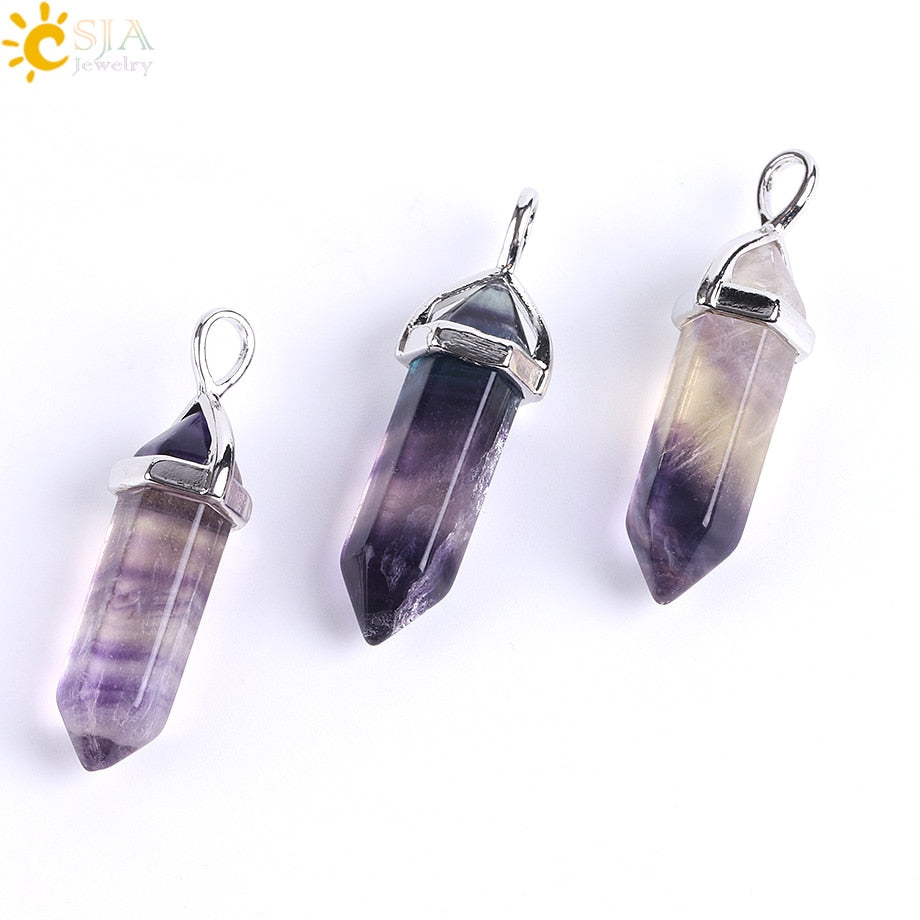 CSJA Fluorite Necklaces Crystal Pendants Suspension Natural Gem Stone Quartz Bullet Hexagonal Pendulum Reiki Chakra pendulo E546 0 DailyAlertDeals