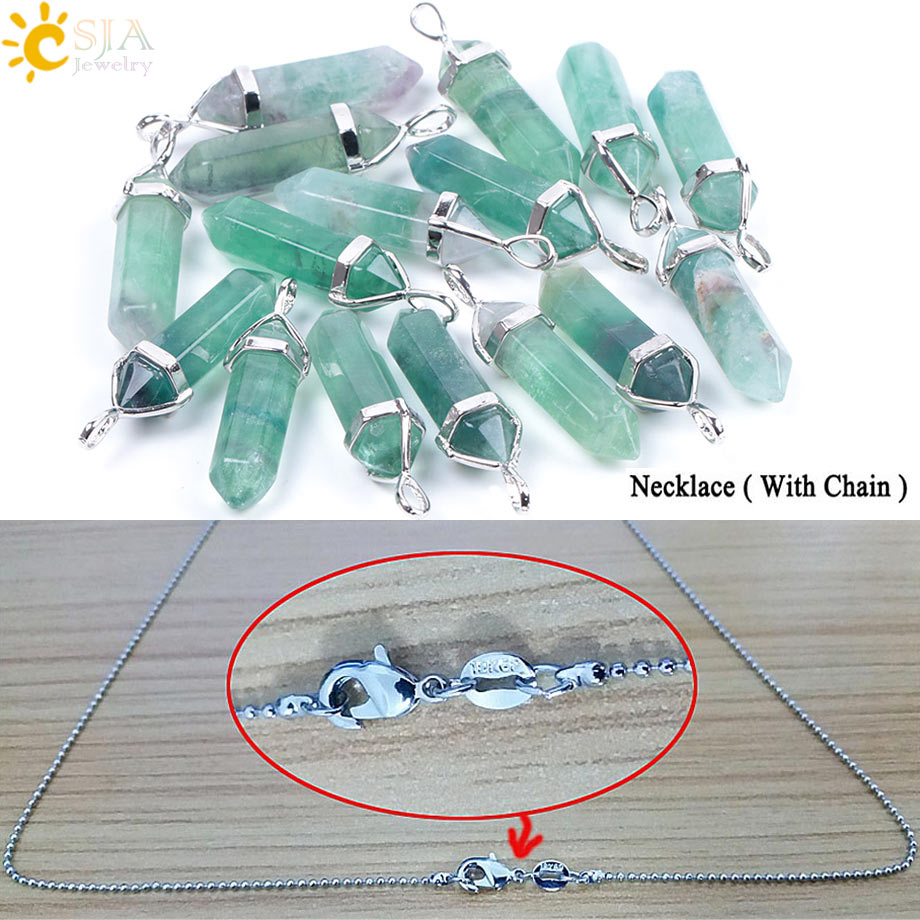 CSJA Fluorite Necklaces Crystal Pendants Suspension Natural Gem Stone Quartz Bullet Hexagonal Pendulum Reiki Chakra pendulo E546 0 DailyAlertDeals 1PC Green Necklace